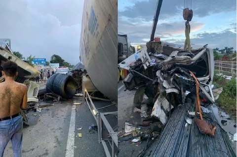 Tông trúng đuôi xe bồn trên Quốc lộ 5, cabin xe đầu kéo nát bét